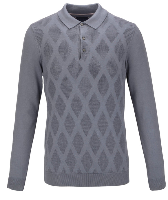 Guide London Mens Grey Trellis Design Polo Collar Sweater. Dress to impress in this season's stylish Guide London grey cotton sweater, elegantly crafted with a front trellis design and a timeless polo collar. This sophisticated piece promises to keep you looking smart and feeling comfortable in even the chilliest of days.