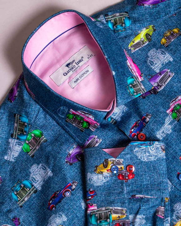 Claudio Lugli Mens Retro Cars Print Cotton Shirt. Stand out in the crowd in this Claudio Lugli Mens Retro Cars Print Cotton Shirt. Inspired by a bygone era, a long sleeve satin cotton shirt with a contrast collar and cuff lining, contrast stitching and multi-coloured buttons. A real crowd pleaser!