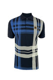 Trojan Mens Navy Oversize Check Panel Polo Shirt This Trojan Mens Navy Oversize Check Panel Polo shirt is made from soft cotton pique. The oversize front house check makes this an interesting statement garment. 