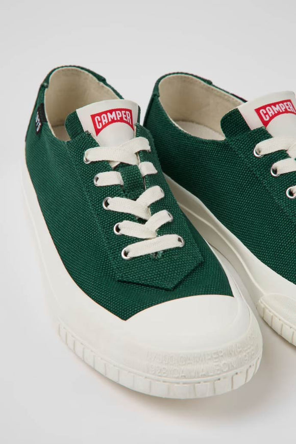 Camper CAMALEON Mens Green Casual Canvas Shoes. Green sneaker for men. 90% natural cotton upper, with contrasting white laces. White 23% recycled rubber outsole.
