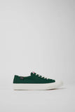 Camper CAMALEON Mens Green Casual Canvas Shoes. Green sneaker for men. 90% natural cotton upper, with contrasting white laces. White 23% recycled rubber outsole.